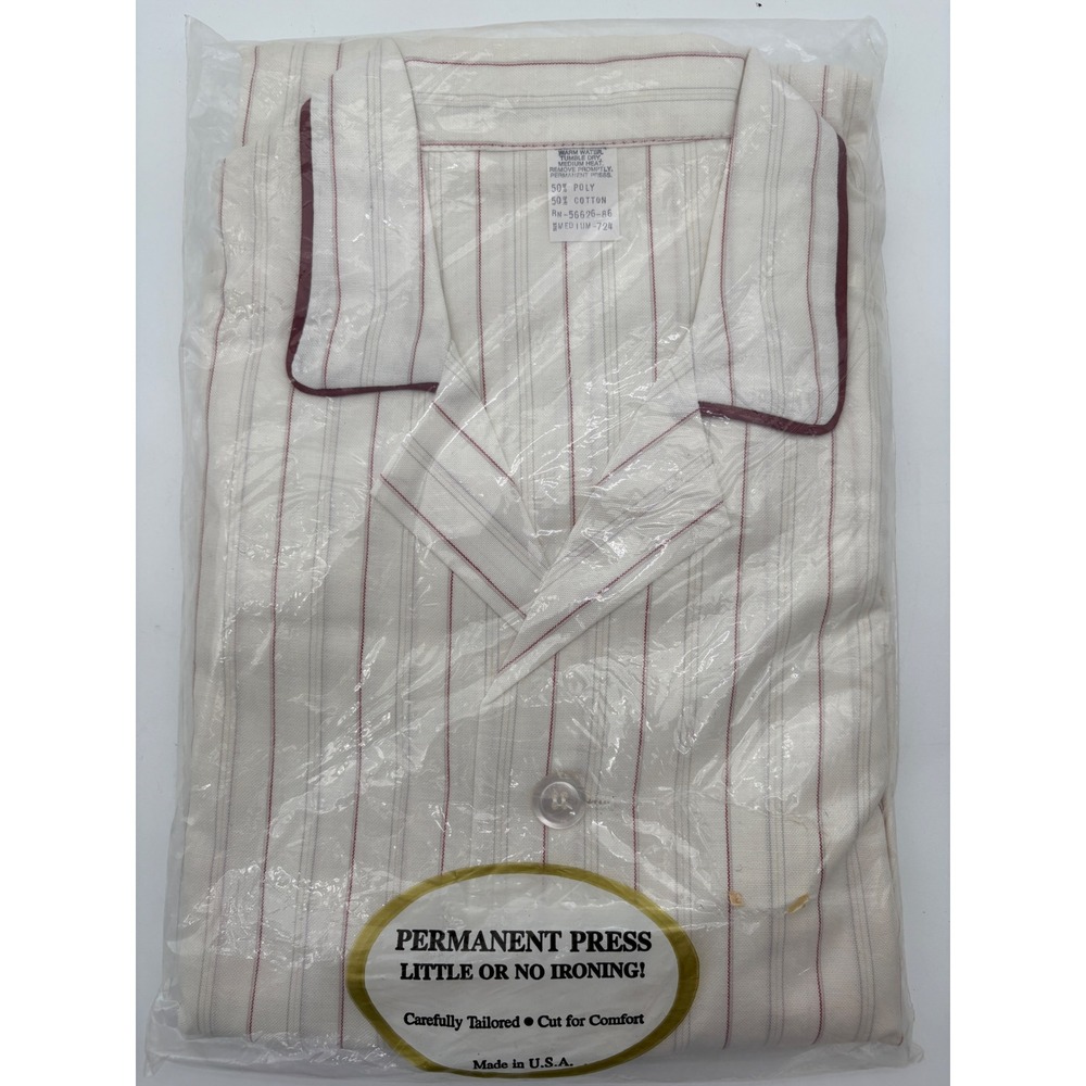Vintage Mens Striped Pajama Set White Red Grey Permanent Press Made in USA Med